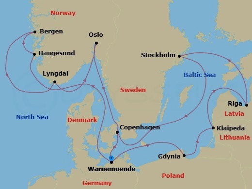 Route map: Warnemunde (Berlin) Germany → Haugesund Norway → Bergen Norway → Lyngdal Norway → Oslo Norway → Copenhagen Denmark → Warnemunde (Berlin) Germany → Gdynia (Gdansk-Danzig) Poland → Klaipeda Lithuania → Riga Latvia