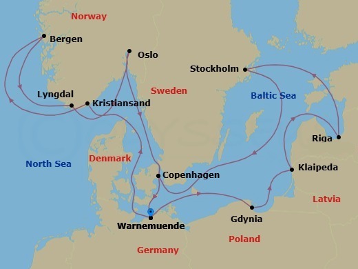 Route map: Warnemunde (Berlin) Germany → Kristiansand Norway → Bergen Norway → Lyngdal Norway → Oslo Norway → Copenhagen Denmark → Warnemunde (Berlin) Germany → Gdynia (Gdansk-Danzig) Poland → Klaipeda Lithuania → Riga Latvia
