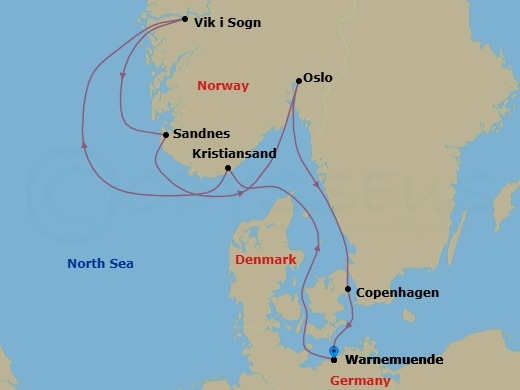Route map: Warnemunde (Berlin) Germany → Kristiansand Norway → Vik i Sogn Norway → Sandnes Norway → Oslo Norway → Copenhagen Denmark → Warnemunde (Berlin) Germany