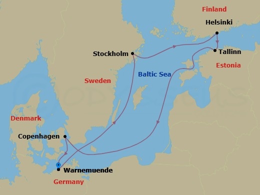 Route map: Warnemunde (Berlin) Germany → Stockholm Sweden → Helsinki Finland → Tallin Estonia → Copenhagen Denmark → Warnemunde (Berlin) Germany
