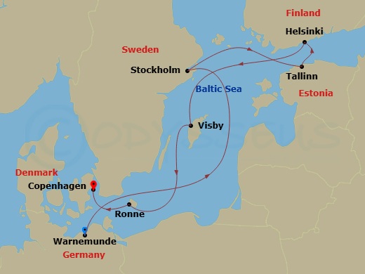 Route map: Berlin/Warnemunde → Stockholm → Tallinn → Helsinki → Visby (Gotland) → Ronne → Copenhagen