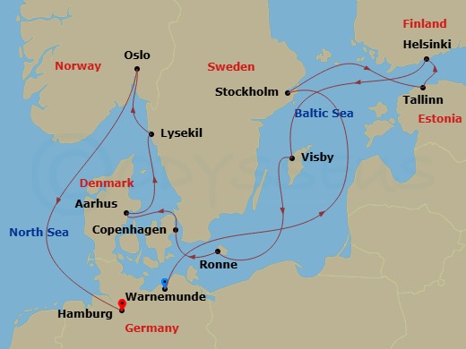 Route map: Berlin/Warnemunde → Stockholm → Tallinn → Helsinki → Visby (Gotland) → Ronne → Copenhagen → Aarhus → Lysekil(Gotaland) → Oslo