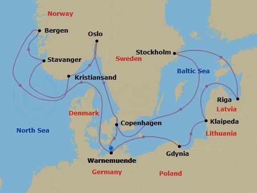 Route map: Warnemunde (Berlin) Germany → Stavanger (Lysefijord) Norway → Bergen Norway → Kristiansand Norway → Oslo Norway → Copenhagen Denmark → Warnemunde (Berlin) Germany → Gdynia (Gdansk-Danzig) Poland → Klaipeda Lithuania → Riga Latvia