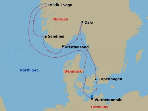 Route map: Warnemunde (Berlin) Germany → Vik i Sogn Norway → Sandnes Norway → Kristiansand Norway → Oslo Norway → Copenhagen Denmark → Warnemunde (Berlin) Germany