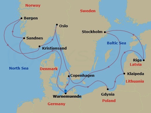 Route map: Warnemunde (Berlin) Germany → Sandnes Norway → Bergen Norway → Kristiansand Norway → Oslo Norway → Copenhagen Denmark → Warnemunde (Berlin) Germany → Gdynia (Gdansk-Danzig) Poland → Klaipeda Lithuania → Riga Latvia