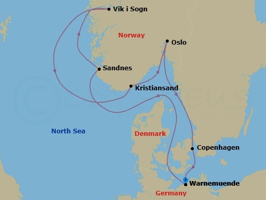 Route map: Warnemunde (Berlin) Germany → Sandnes Norway → Vik i Sogn Norway → Kristiansand Norway → Oslo Norway → Copenhagen Denmark → Warnemunde (Berlin) Germany